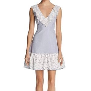 NWT Lucy Paris Blue and White Striped Deep V-Neck Eyelet Trim Dress Size M